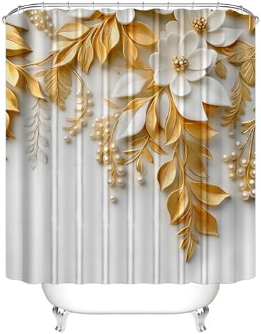 Chrainy 4pcs Golden Leaves Shower Cutain Bathroom Decor Sets with Rugs