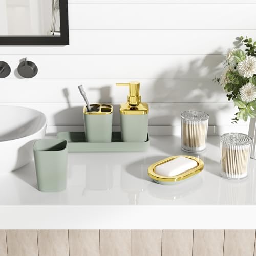 XLHOMO Bathroom Set - Sage Green Bathroom Accessories Set, Bathroom Sets with Shower Curtain and Rugs, Sage Green Shower Curtain Set with Bathroom Trash Can, Soap Dispenser, Soap Dish for Home Decor