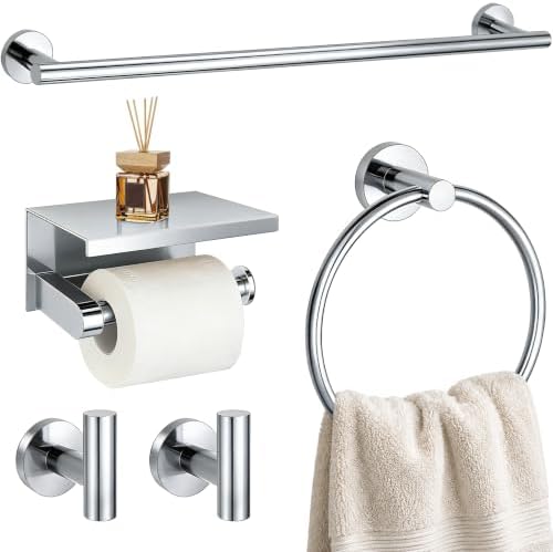 5 Pieces Bathroom Hardware Accessories Set Polished Chrome, 24Inch RoundTowel Racks Set for Bathroom, SUS304 Stainless Steel Towel Bar Set, Toilet Paper Holder with Shelf Wall Mounted