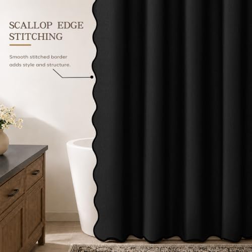 Furlinic Black Scalloped Shower Curtain No Hook Fabric Waterproof 72x96