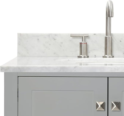 ARIEL Cambridge 72-inch Bathroom Vanity with Sink,Solid Wood, 0.75-inch Italian Carrara Marble Countertop & Backsplash, Double Oval Porcelain Sink, 4 Soft Closing Doors, 6 Dovetail Drawers, Grey