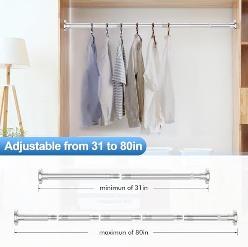 CorkLatta Chrome Shower Curtain Rod 31 to 80 Inch,1 Inch Diameter Adjustable Spring Tension Curtain Rod No Drilling Stainless Steel Telescoping Rod,No Rust