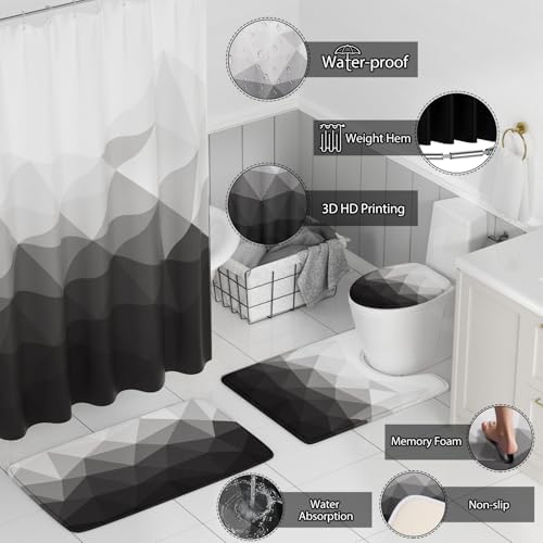 XLHOMO Bathroom Accessory Set - 26PC Bathroom Shower Curtain and Rug Set, Bathroom Accessories Set, Black Bathroom Set with Trash Can, Toilet Brush, Qtip Holder & Soap Dispenser