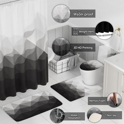 XLHOMO Bathroom Accessory Set - 26PC Bathroom Shower Curtain and Rug Set, Bathroom Accessories Set, Black Bathroom Set with Trash Can, Toilet Brush, Qtip Holder & Soap Dispenser