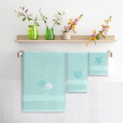3 Pcs Coastal Seashell Bathroom Towel Set, Embroidered Decor