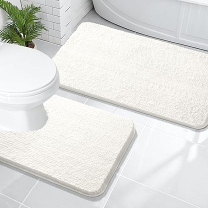 OLANLY Chenille Bathroom Rugs Mats Sets 2 Piece, 47"x20"+24"x20", Ivory