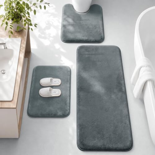 HUXMEYSON 3-Piece Memory Foam Bathroom Rug Set, Grey