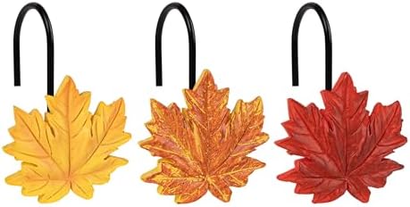Sunlit Maple Leaf Shower Curtain Hooks for Fall Autumn, Home Decorative Shower Curtain Rings with Black Hooks for Bathroom, Resin, Orange Red Shower Curtain Hangers Bath Accessories, Set of 12