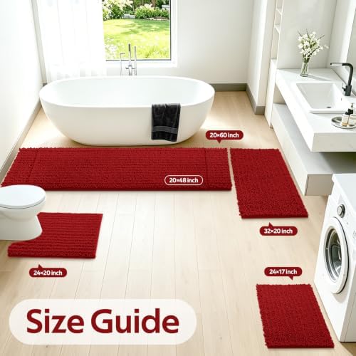 ACCUMTEK Upgrade Extra Large Red Bathroom Rug Set 3 Pieces Ultra Soft, Thick Absorbent Bath Mats, Non Slip Chenille Toilet Mat for Bathroom, Bedroom, Kitchen