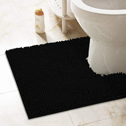 ITSOFT 24"x21" U-Shaped Non-Slip Shaggy Chenille Toilet Contour Bathroom Rug with Water Absorbent, Black