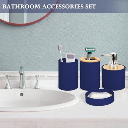 RRM 4 Piece Bamboo Bathroom Accessories Set, Boho Bathroom Decor, Navy Blue