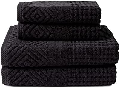 Texere 100% Organic Cotton Jacquard Towel Sets (Black (Diamond), 2 Bath & 2 Hand Towels)