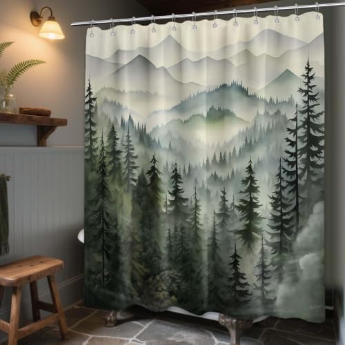 Sage Green Forest Extra Long Shower Curtain, Tall 72X84 in, Mountain