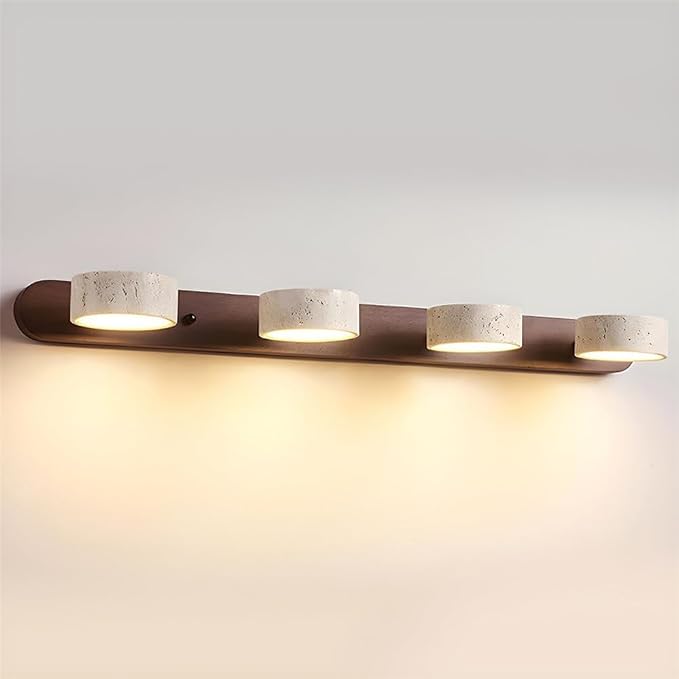 Dark Wood Farmhouse Bathroom Vanity Light Natural Stone Shade | Travertine 4 Lights Linear Bathroom Wall Sconce Rotatable LED Wall Light Over Mirror - Walnut Color