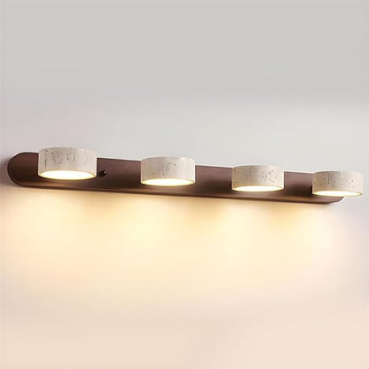 Dark Wood Farmhouse Bathroom Vanity Light Natural Stone Shade | Travertine 4 Lights Linear Bathroom Wall Sconce Rotatable LED Wall Light Over Mirror - Walnut Color