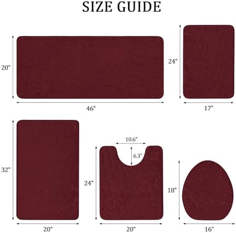 YIHOUSE Bathroom Rugs Mat Set, Memory Foam Bath Mat 5 Piece Red