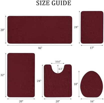 YIHOUSE Bathroom Rugs Mat Set, Memory Foam Bath Mat 5 Piece Red