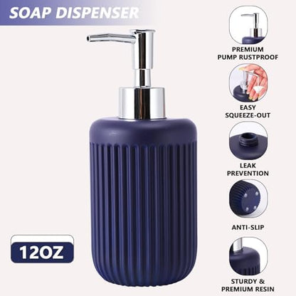 XLHOMO Resin Navy Blue Bathroom Accessories Set 5 Pcs, Lotion Soap Dispenser, Toothbrush Holder, Bathroom Tumbler, Qtip Holder and Vanity Tray, Bathroom Countertop Organizer Set for Modern Apartment