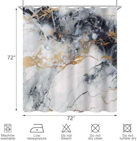 Abstract Marble Shower Curtain Modern Charcoal Luxury Gold Ink Texture Gray Ombre Watercolor Bathroom Curtain Set with Hooks Soft and Lightweight Waterproof Fabric Machine Washable 72" Wx84 L