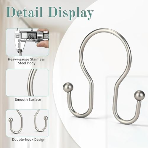Goowin Shower Curtain Hooks, 12 Pcs Shower Curtain Rings, Stainless Steel Shower Curtain Hangers, Metal Shower Curtain Hooks Rings Rust Proof, Minimalist Shower Hooks for Shower Curtain, Matte Nickel