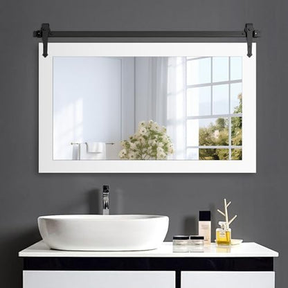 Farmhouse Barn Door Mirror - 42" x 28" Rustic Wood Framed Wall Mirror for Bathroom, Living Room, Bedroom Wall Decor (Bright White)