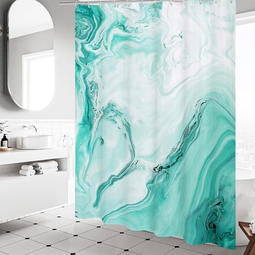 Teal Blue Marble Fabric Shower Curtain, Abstract Watercolor, 72 x 72