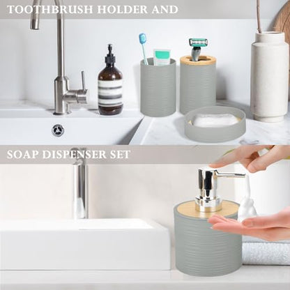 RRM 4 Piece Bamboo Bathroom Accessories Set, Boho Bathroom Decor, Grey