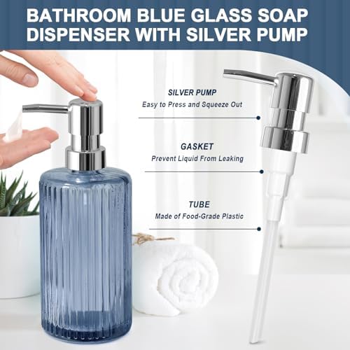 Blue Bathroom Accessories 5 Pcs, Glass Bathroom Accessory Set, Vintage Blue Bathroom Set, Royal Soap Dispenser and Toothbrush Holder Set, Qtip Holder, Small Flower Vase, Modern Bathroom Decor