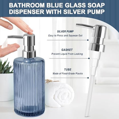 Blue Bathroom Accessories 5 Pcs, Glass Bathroom Accessory Set, Vintage Blue Bathroom Set, Royal Soap Dispenser and Toothbrush Holder Set, Qtip Holder, Small Flower Vase, Modern Bathroom Decor