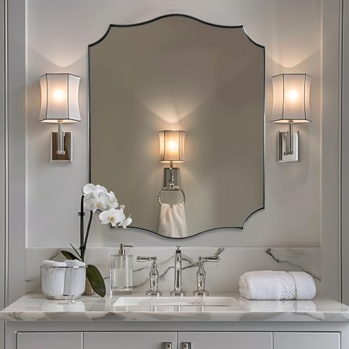 ANDY STAR Chrome Bathroom Mirror, 28x36 Inch Bathroom Mirror for Over Sink, Scalloped Mirror with Rust-Proof Stainless Steel Thin Frame, Sophisticated Curved Design for Home Remodel