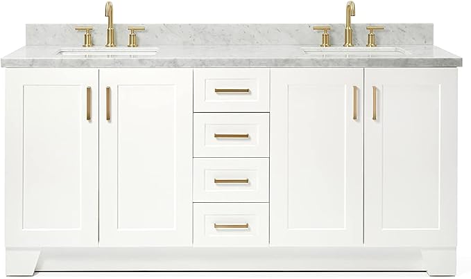ARIEL 73" White Double Vanity, 1.5" Edge Italian Carrara Marble Countertop & Splash, Rectangular Sink, 4 Soft Closing Doors, 6 Full Extension Dovetail Drawers, Toe Kick, Satin Brass
