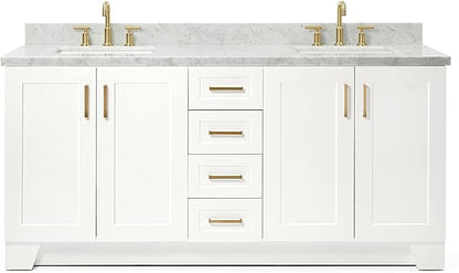 ARIEL 73" White Double Vanity, 1.5" Edge Italian Carrara Marble Countertop & Splash, Rectangular Sink, 4 Soft Closing Doors, 6 Full Extension Dovetail Drawers, Toe Kick, Satin Brass