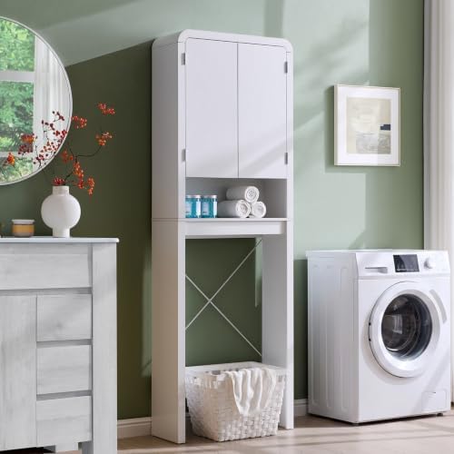 Over the Toilet Storage Cabinet, 69.69" Curved Bathroom Storage Organizer Cabinet with Doors and Adjustable Shelves, Wooden Free Standing Toilet Space Saver Rack, White