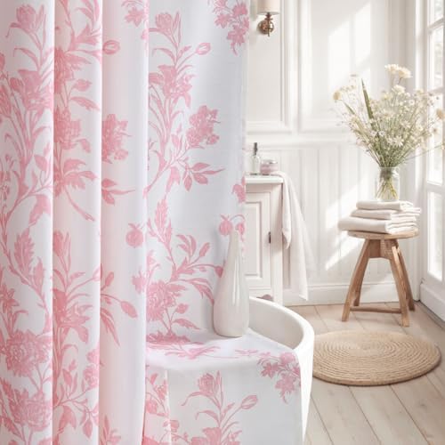 Pink Floral Shower Curtain,Vintage Cotton Cottagecore Shower Curtains for Bathroom, 72" W x 72" L