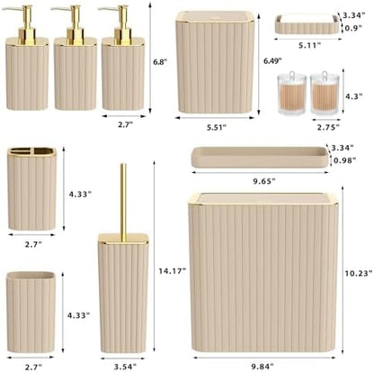 Bathroom Accessory Set - Bathroom Set, 12PC Bathroom Accessories Set, Beige Bathroom Accessories Set, Mini Trash Can, Toilet Brush, Trash Can & Soap Dispenser