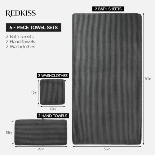 REDKISS Charcoal Gray Bath Towels Set 6 Piece - Microfiber Bathroom Towels of 6 Large, Highly Absorbent Bath Towel, Soft Shower Towel for Bathroom, 2 Bath Sheet 2 Hand Towel 2 Washcloths