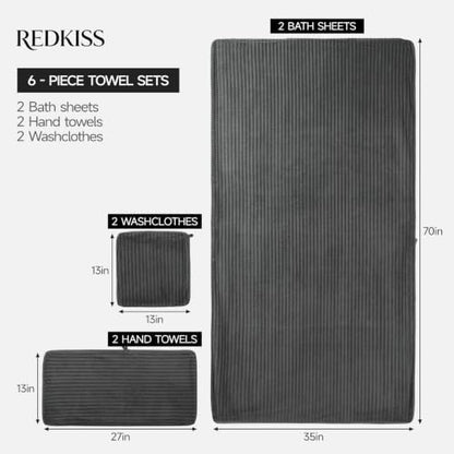 REDKISS Charcoal Gray Bath Towels Set 6 Piece - Microfiber Bathroom Towels of 6 Large, Highly Absorbent Bath Towel, Soft Shower Towel for Bathroom, 2 Bath Sheet 2 Hand Towel 2 Washcloths