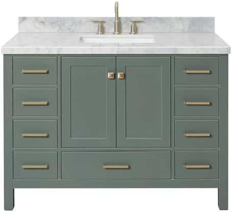 ARIEL Cambridge 48-inch Bathroom Vanity with Sink,Solid Wood, 1.5-inch Italian Carrara Marble Countertop, Single Rectangular Porcelain Sink, 2 Soft Closing Doors, 9 Dovetail Drawers, Vintage Green