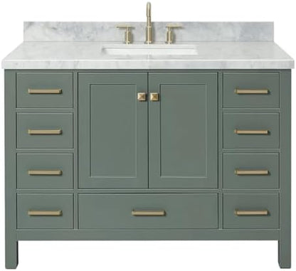 ARIEL Cambridge 48-inch Bathroom Vanity with Sink,Solid Wood, 1.5-inch Italian Carrara Marble Countertop, Single Rectangular Porcelain Sink, 2 Soft Closing Doors, 9 Dovetail Drawers, Vintage Green