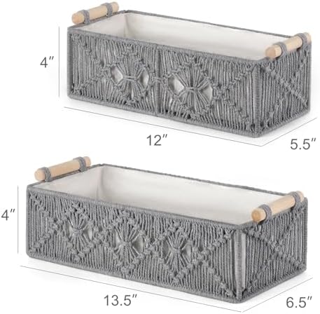 Mkono 2Pc Macrame Storage Basket, Boho Decor Toilet Paper Holder, Grey