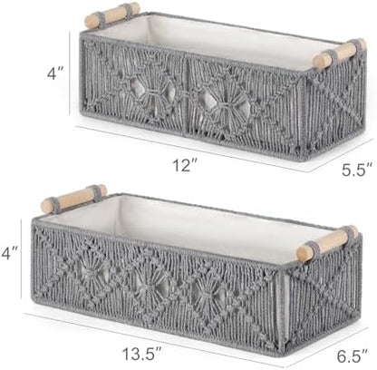 Mkono 2Pc Macrame Storage Basket, Boho Decor Toilet Paper Holder, Grey