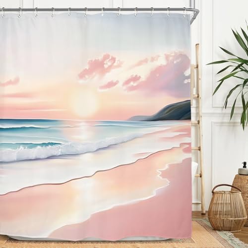 Miyotaa Pink Coastal Beach Shower Curtain Set 60Wx71H Inches Ocean Summer Landscape Scenery Waves Sunset Waterproof Bathroom Curtain with 12 Hooks