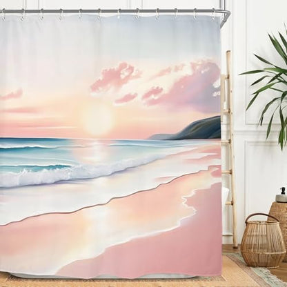Miyotaa Pink Coastal Beach Shower Curtain Set 60Wx71H Inches Ocean Summer Landscape Scenery Waves Sunset Waterproof Bathroom Curtain with 12 Hooks