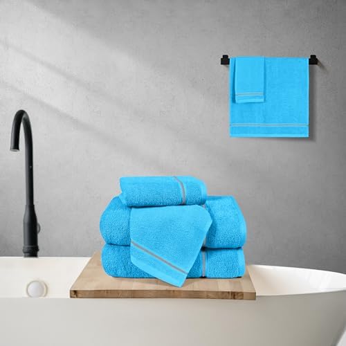 MyOwn Ultra Soft 6 Pack Cotton Towel Set, Contains 2 Bath Towels 28x55 inch, 2 Hand Towels 16x24 inch & 2 Wash Coths 12x12 inch, Ideal Everyday use, Compact & Lightweight - Turquoise Blue