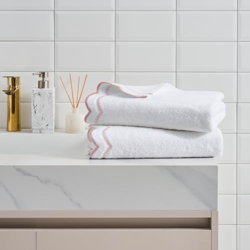Peri Home 2 Piece Cotton Bath Towel Set, Embroidered, White, Blush Scallop
