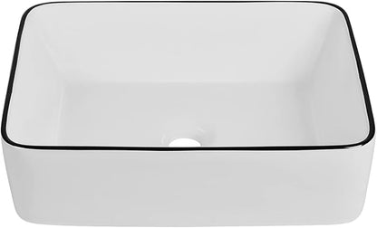 DeerValley 19" x 15" Bathroom Sink, Bathroom Vessel Sink Rectangular Above Counter Vessel Sinks, White Body Black Trim Vessel Sink, Porcelain Ceramic Vessel Vanity Sink Art Basin, DV-1V0002