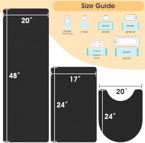 ACCUMTEK Non Slip Bath Mat, Thin Bathroom Rugs Fit Under Door, Quick Dry Bath Mats, Machine Washable Bath Rugs for Bathroom, Bathtub & Kitchen, Bathtub, Black/Solid/3 Piece