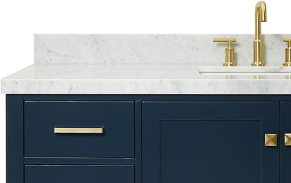 ARIEL Cambridge 60-inch Bathroom Vanity with Sink,Solid Wood, 1.5-inch Italian Carrara Marble Countertop, Single Rectangular Porcelain Sink, 2 Soft Closing Doors, 9 Dovetail Drawers, Midnight Blue