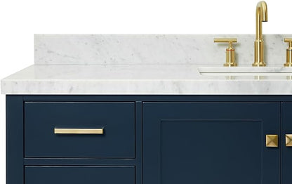 ARIEL Cambridge 60-inch Bathroom Vanity with Sink,Solid Wood, 1.5-inch Italian Carrara Marble Countertop, Single Rectangular Porcelain Sink, 2 Soft Closing Doors, 9 Dovetail Drawers, Midnight Blue
