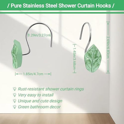 12Pcs Eucalyptus Leaves Shower Curtain Hooks Decorative for Curtain Rods, Green Leaf Shower Curtain Rings, Silver Stainless Steel Metal Shower Curtain Hanger Hooks, Cute Botanical Bathroom Decor